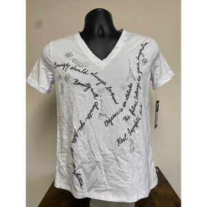 Karl Lagerfeld Paris Women Embellished Quote V Neck T-Shirt Sz XS (Stained) NWD